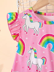 Toddler Girls Rainbow Unicorn Ruffle Trim Dress