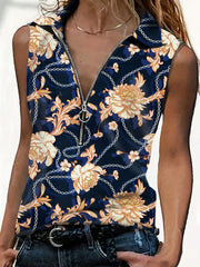 Baroque Print Half Zip Top Shirt Collar Sleeveless Casual Top
