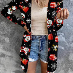 Christmas Print Long Sleeve Open Front Longline Cardigan