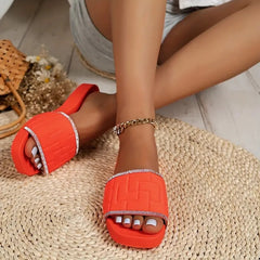 Women's Rhinestone Slide Sandals Square Toe Comfortable Beach Shoes