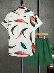 Men's Leaf Print Hawaii T shirt & Beach Shorts Matching Set