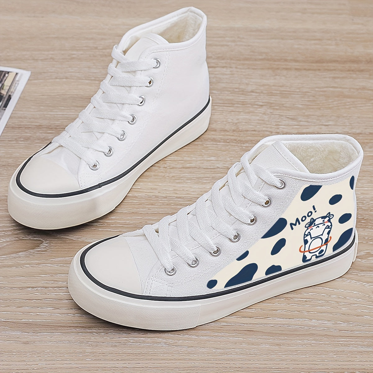 Cow Print Plush Lined Thermal Chunky Canvas Sneakers Flat High