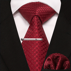 3pcs Dot Plaid Tie & Pocket Square Set w/ Tie Clip - Party & Business Men
