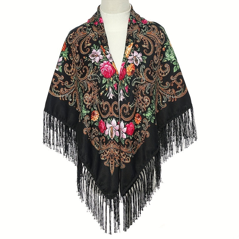 Boho Flower Print Tassel Scarf Vintage Wrap Shawl