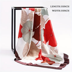 Lotus Print Satin Square Scarf Flower Bandana Women Casual Sunscreen Shawl