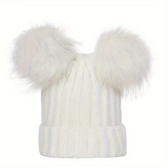 Velvet Bear Beanie With Pom - Women's Warm Knit Hat