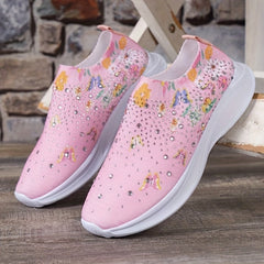 Women's Butterfly Print Sock Shoes Rhinestone Decor Slip On Sneakers