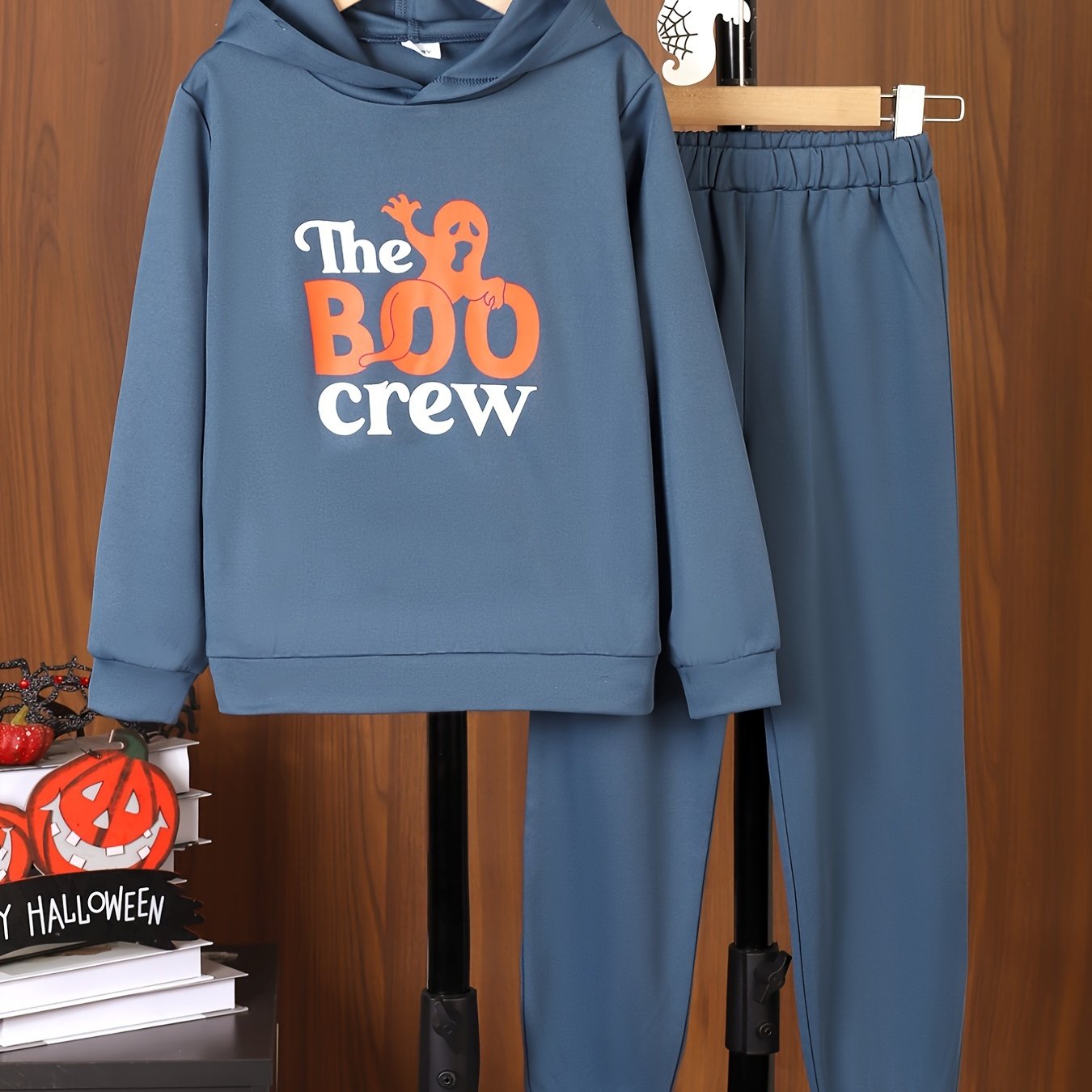 BOO CREW Hoodie & Sweatpants Set Halloween Ghost Pattern Outfits For Kids