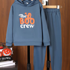 BOO CREW Hoodie & Sweatpants Set Halloween Ghost Pattern Outfits For Kids