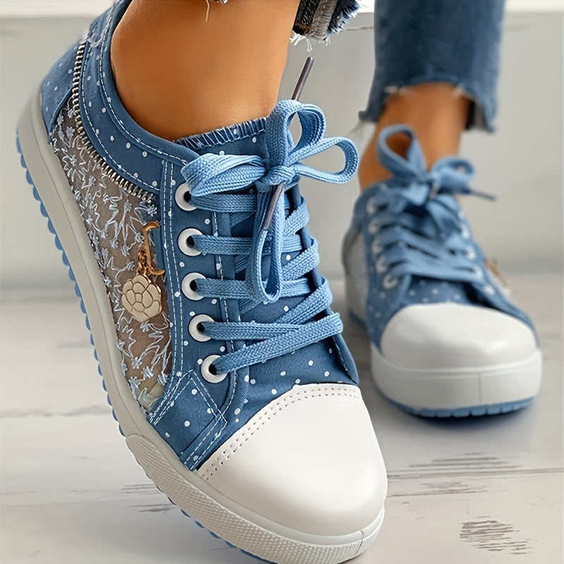 Women's Mesh Embroidery Flat Shoes Lace Up Sneakers