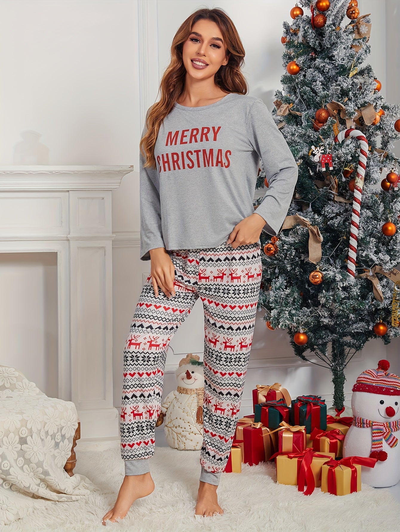 Christmas Elk Print Pajama Set Long Sleeve Top & Pants