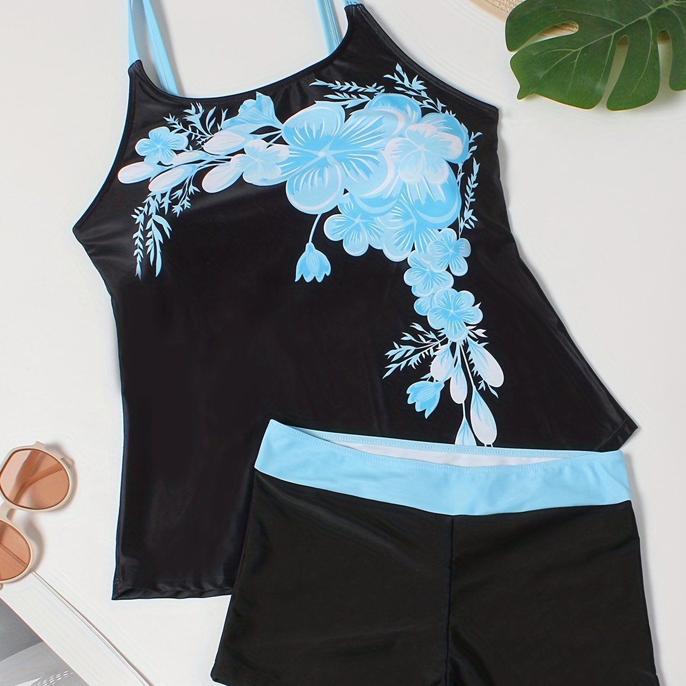 Tankini Set Floral Print Cami Top & Shorts Two Piece