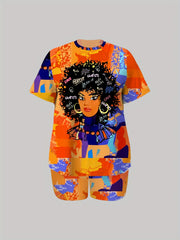 Casual Cartoon Print Top & Shorts Outfits Two Piece Set