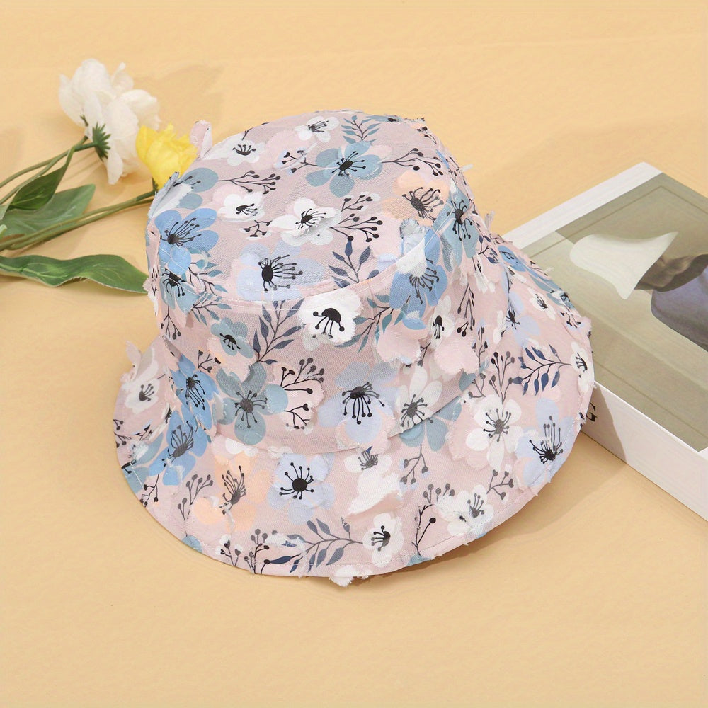 Mesh Flower Decor Bucket Hat Pink Printed Basin Hat For Women