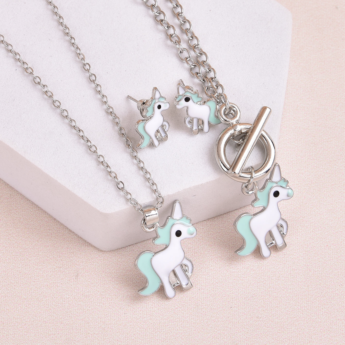 Unicorn Pendant Necklace & Earrings & Bracelet Set - Gift for Girls