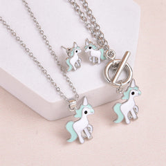 Unicorn Pendant Necklace & Earrings & Bracelet Set - Gift for Girls