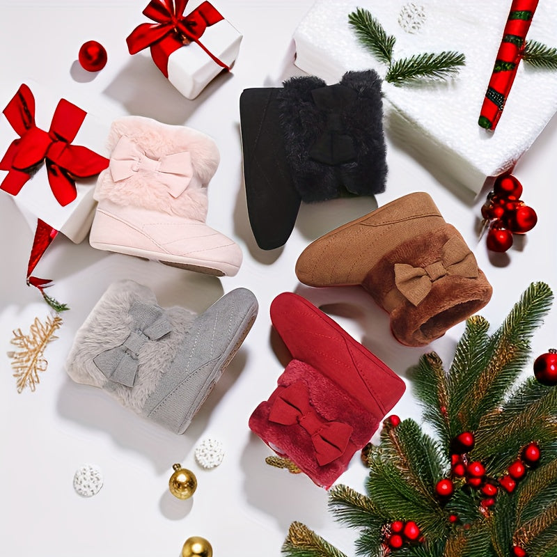 Bowknot Comfy Baby Girls Fleece Boots Warm Indoor Winter Shoes