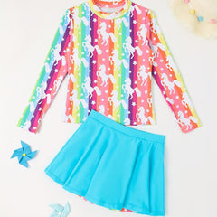 Girls Rainbow Stripped Long Sleeve Top Skirt Bathing Suit Set Swimwear