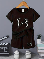 Boys King Crown Print Casual Outfit Round Neck T shirt & Shorts