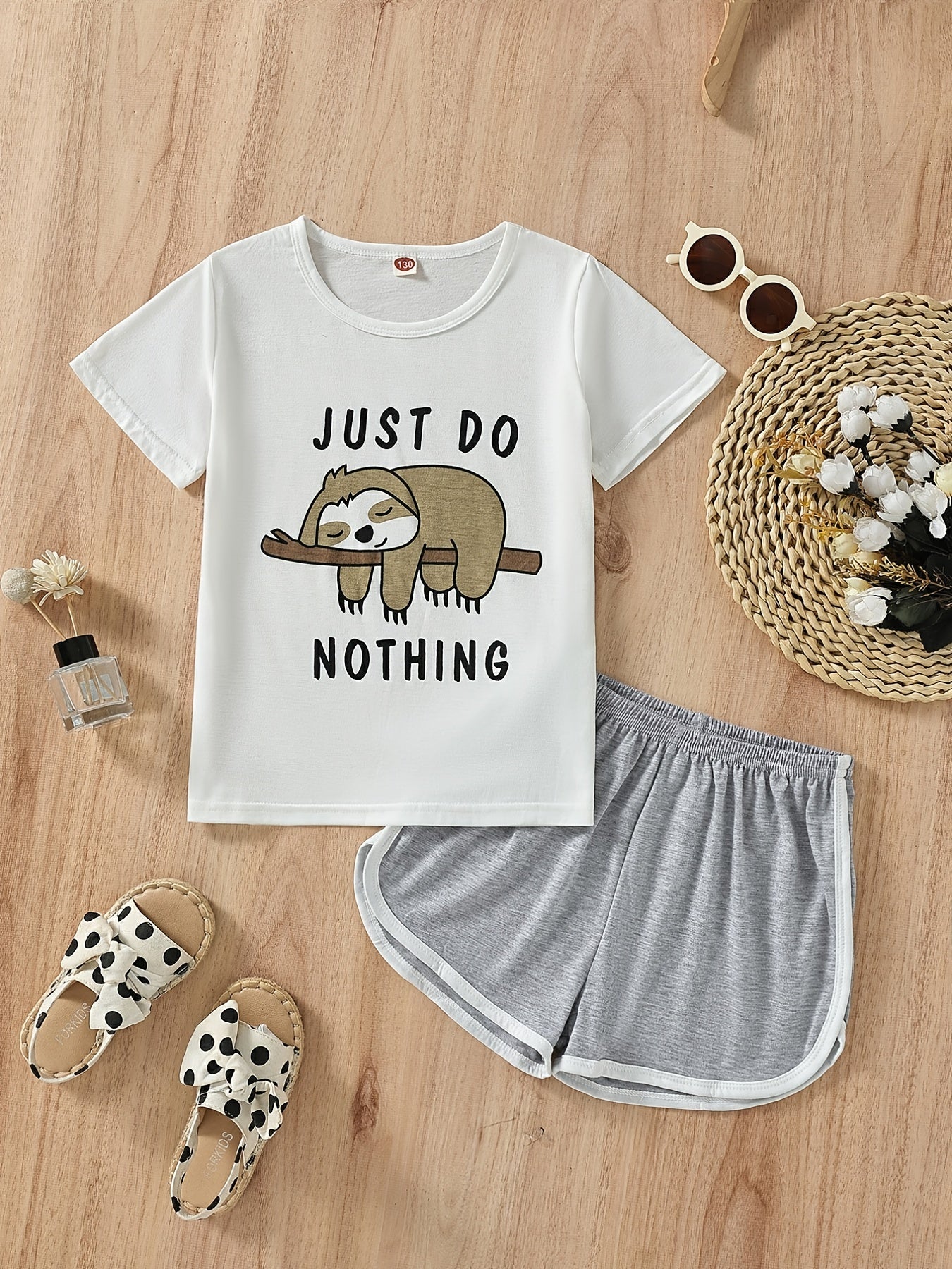 Girls Sloth Print Two Piece Set Short Sleeve T shirt & Sports Shorts