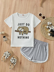 Girls Sloth Print Two Piece Set Short Sleeve T shirt & Sports Shorts