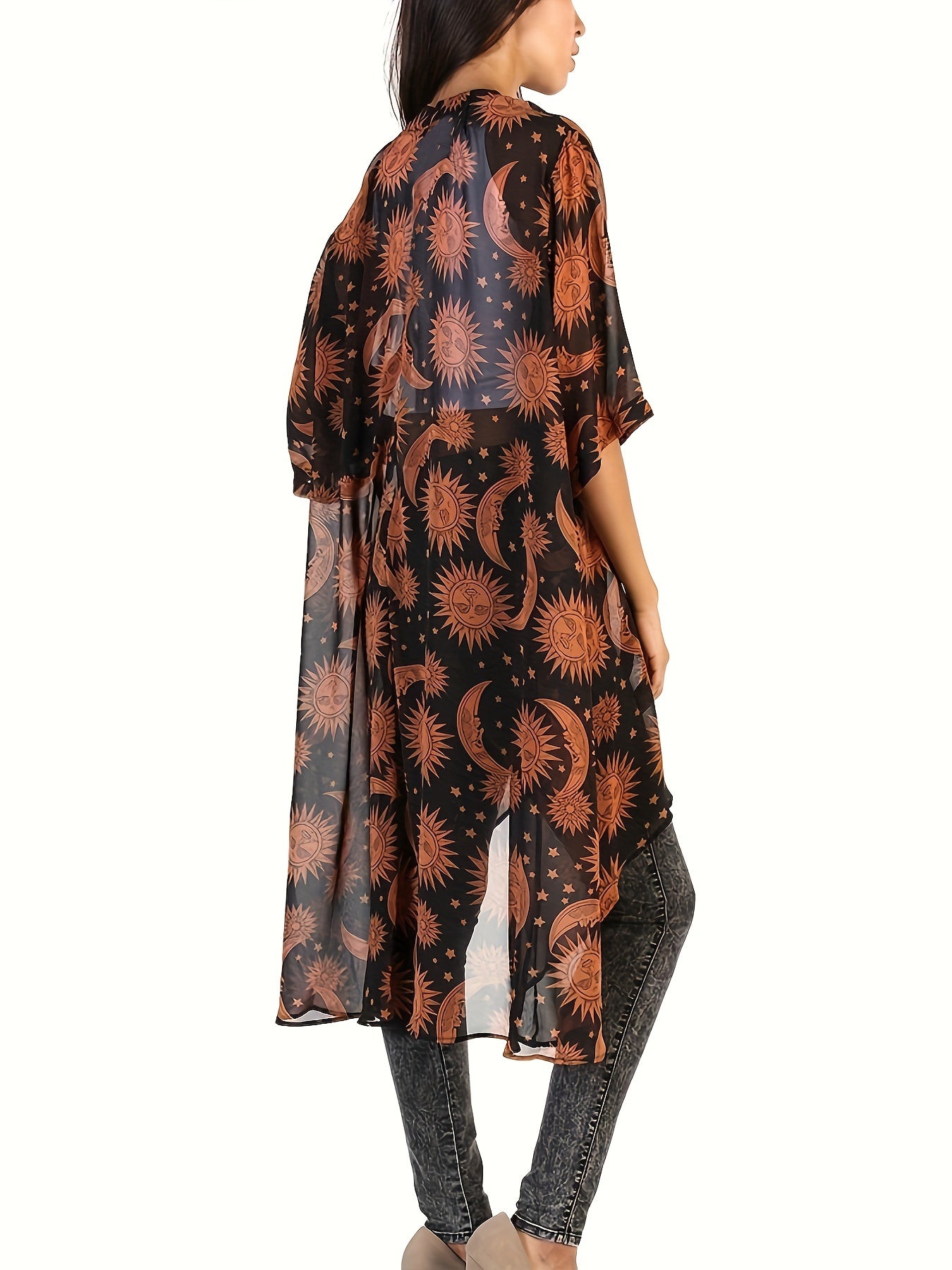 Sun & Moon Print Batwing Loose Cover Up Soft Chiffon Kimono