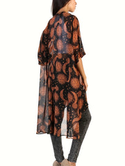 Sun & Moon Print Batwing Loose Cover Up Soft Chiffon Kimono