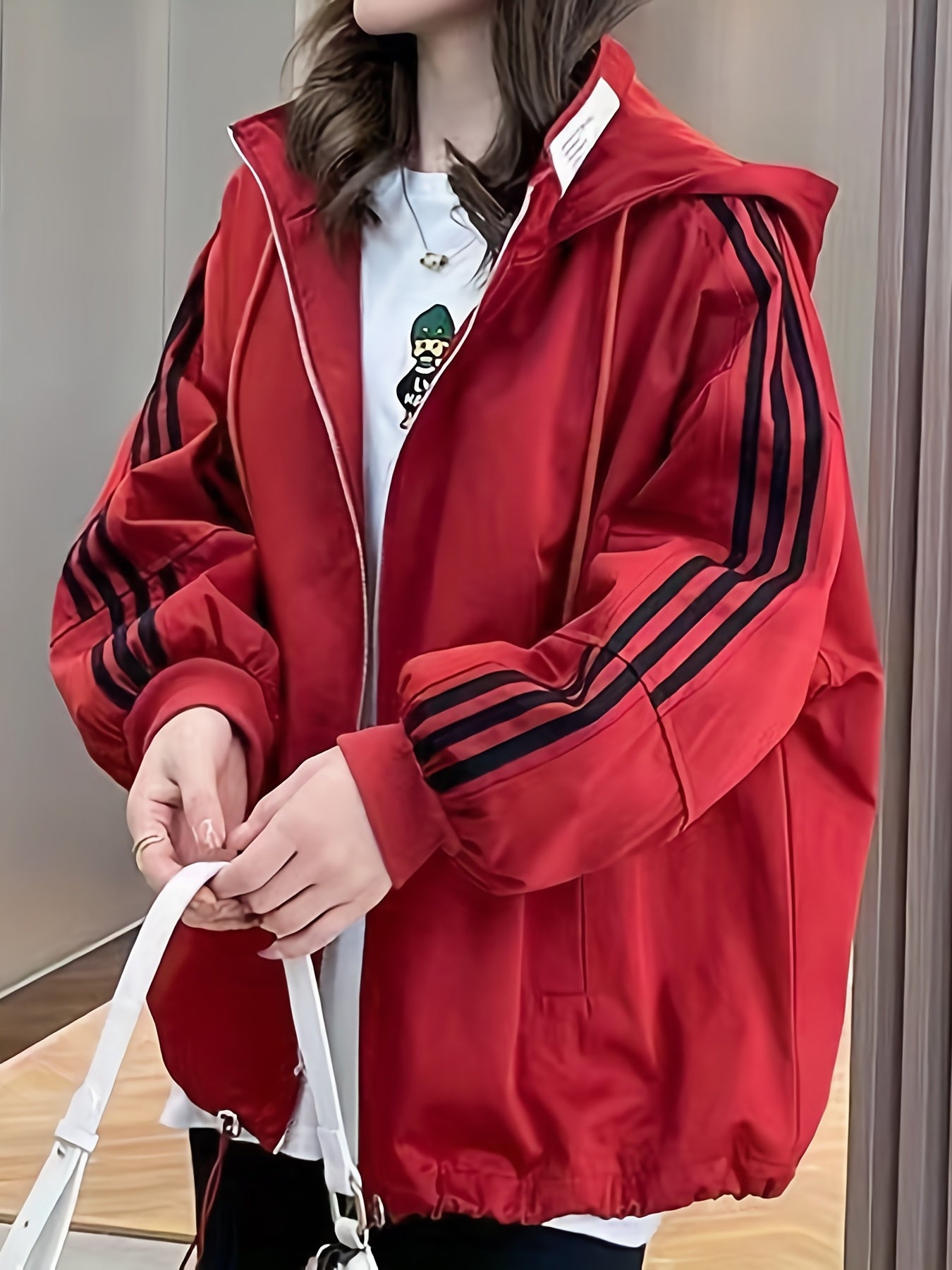 Striped Print Zip Up Jacket Casual Drawstring Hooded Jacket