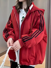 Striped Print Zip Up Jacket Casual Drawstring Hooded Jacket