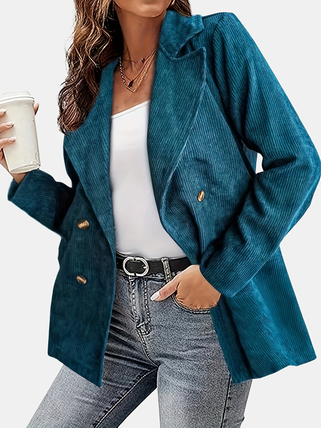 Corduroy Lapel Collar Long Sleeve Double Breast Blazer