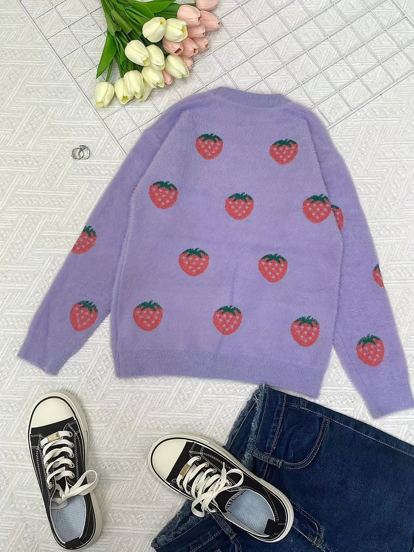Girls Strawberry Fruit Pattern Sweater Long Sleeve