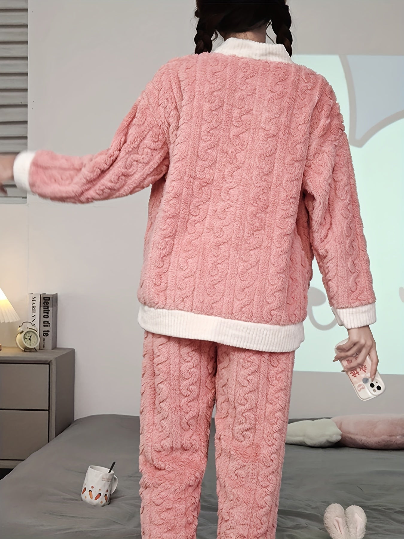 Strawberry Print Fuzzy Pajama Set Long Sleeve Top & Pants Women's Sleepwear