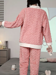 Strawberry Print Fuzzy Pajama Set Long Sleeve Top & Pants Women's Sleepwear