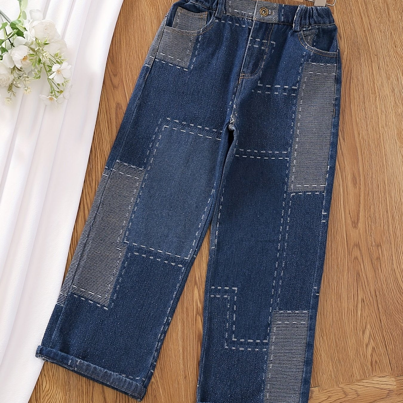 Girls' Graphic Wide Leg Jeans, Elastic Waist Denim Pants