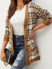 Plaid Print Long Sleeve Button Up Cardigan with Pockets