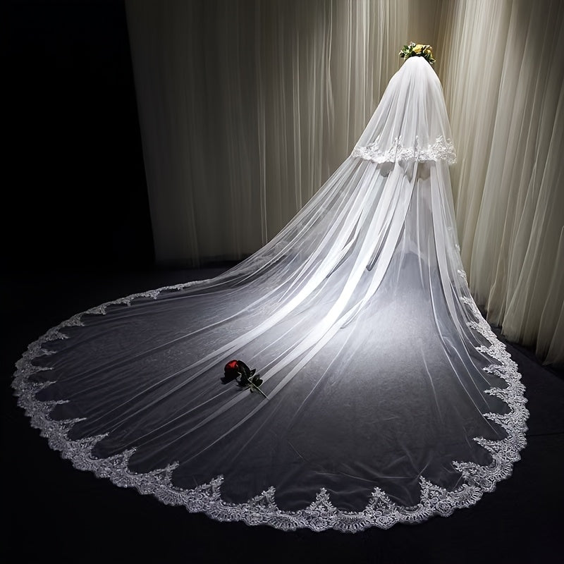 Royal Style Bridal Veil with Long Train and Floral Lace Overlay