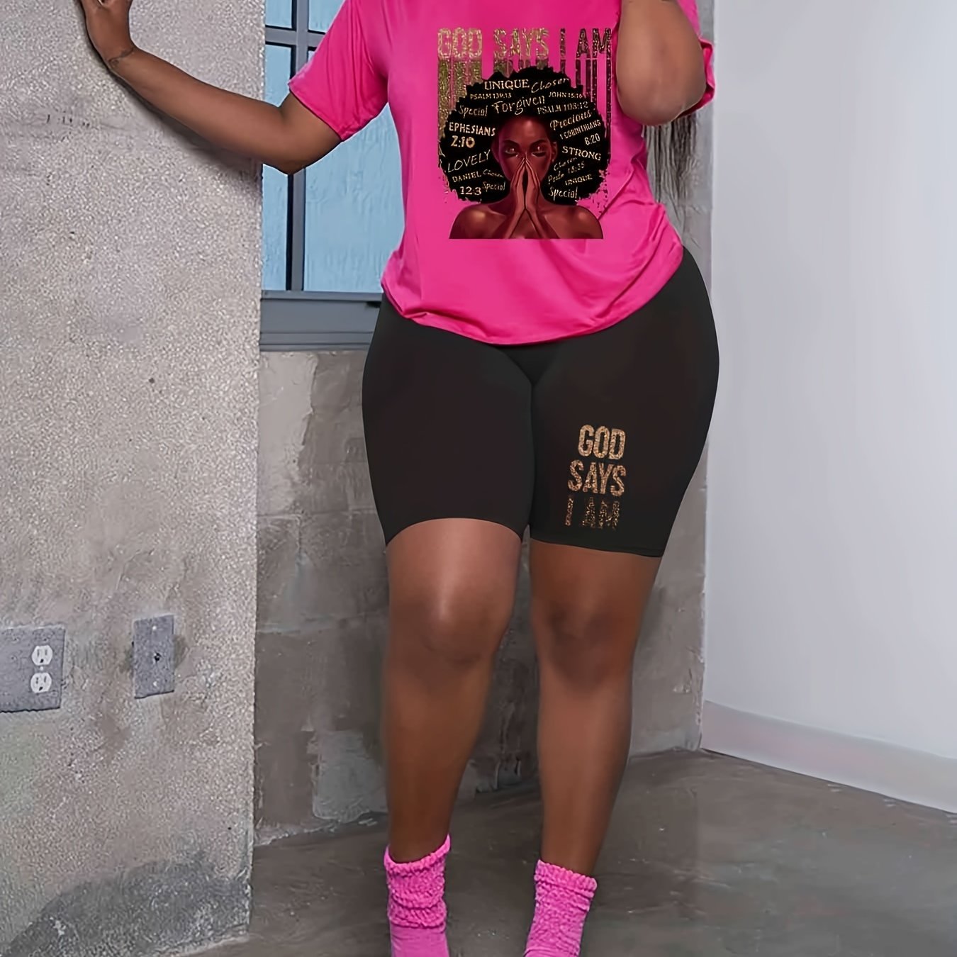 Plus Size Cartoon Print Two Piece Set Short Sleeve Top & Shorts Outfit