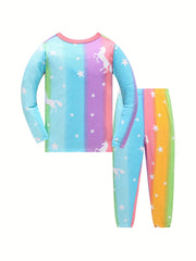 Girls 2pcs Pajamas Set Colorful Star Unicorn Print Round Neck Loungewear