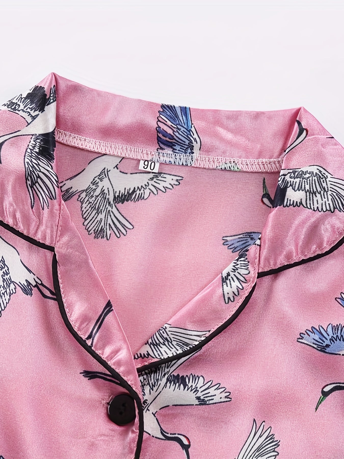 Girls 2pcs Pajamas Top & Pants Crane Print Long Sleeve Button Front PJ Set