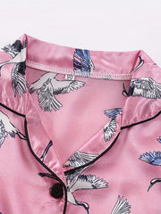 Girls 2pcs Pajamas Top & Pants Crane Print Long Sleeve Button Front PJ Set