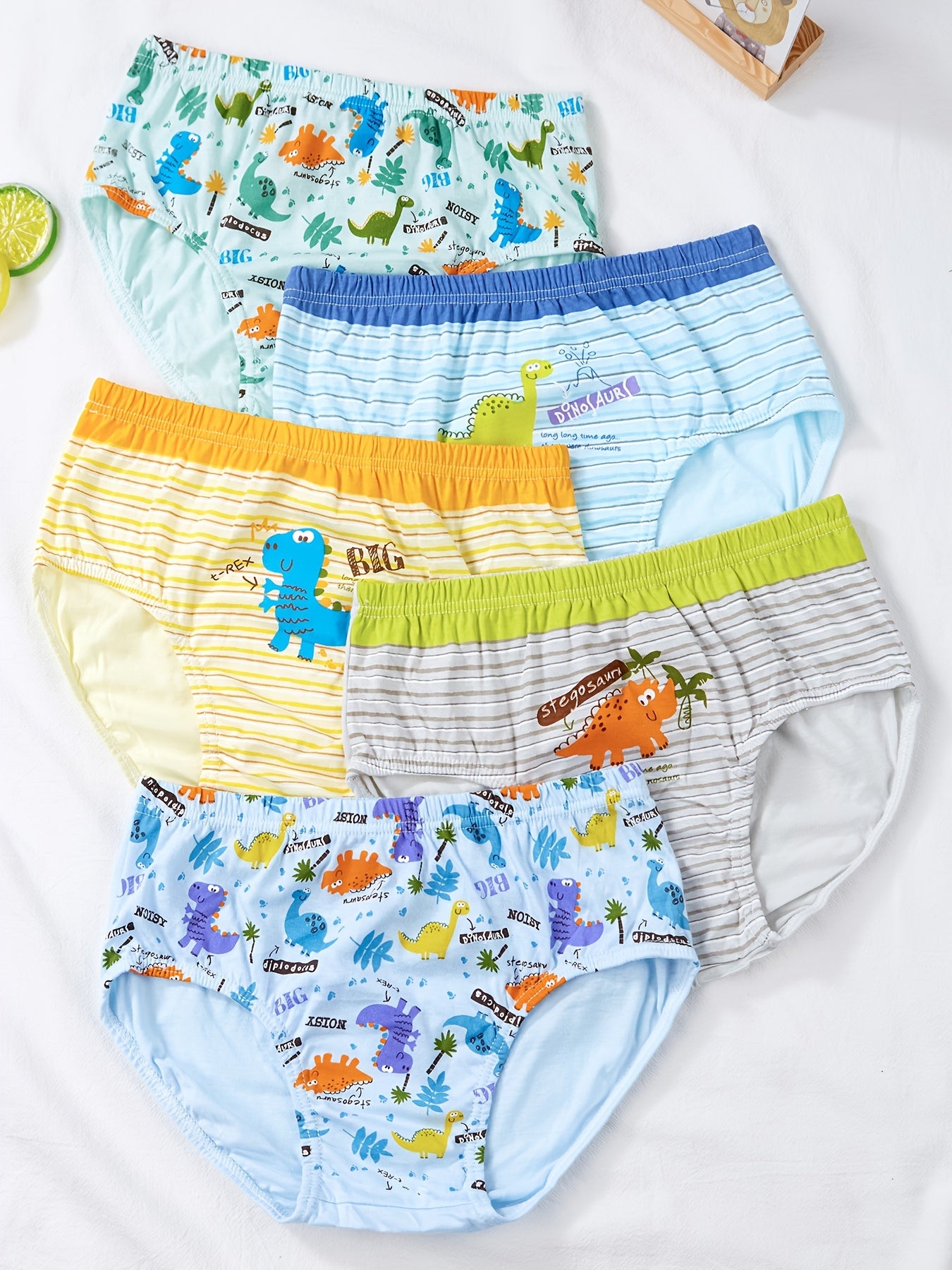 5pcs Boys Dinosaur Print Boxer Briefs Soft Cotton Underwear