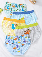 5pcs Boys Dinosaur Print Boxer Briefs Soft Cotton Underwear