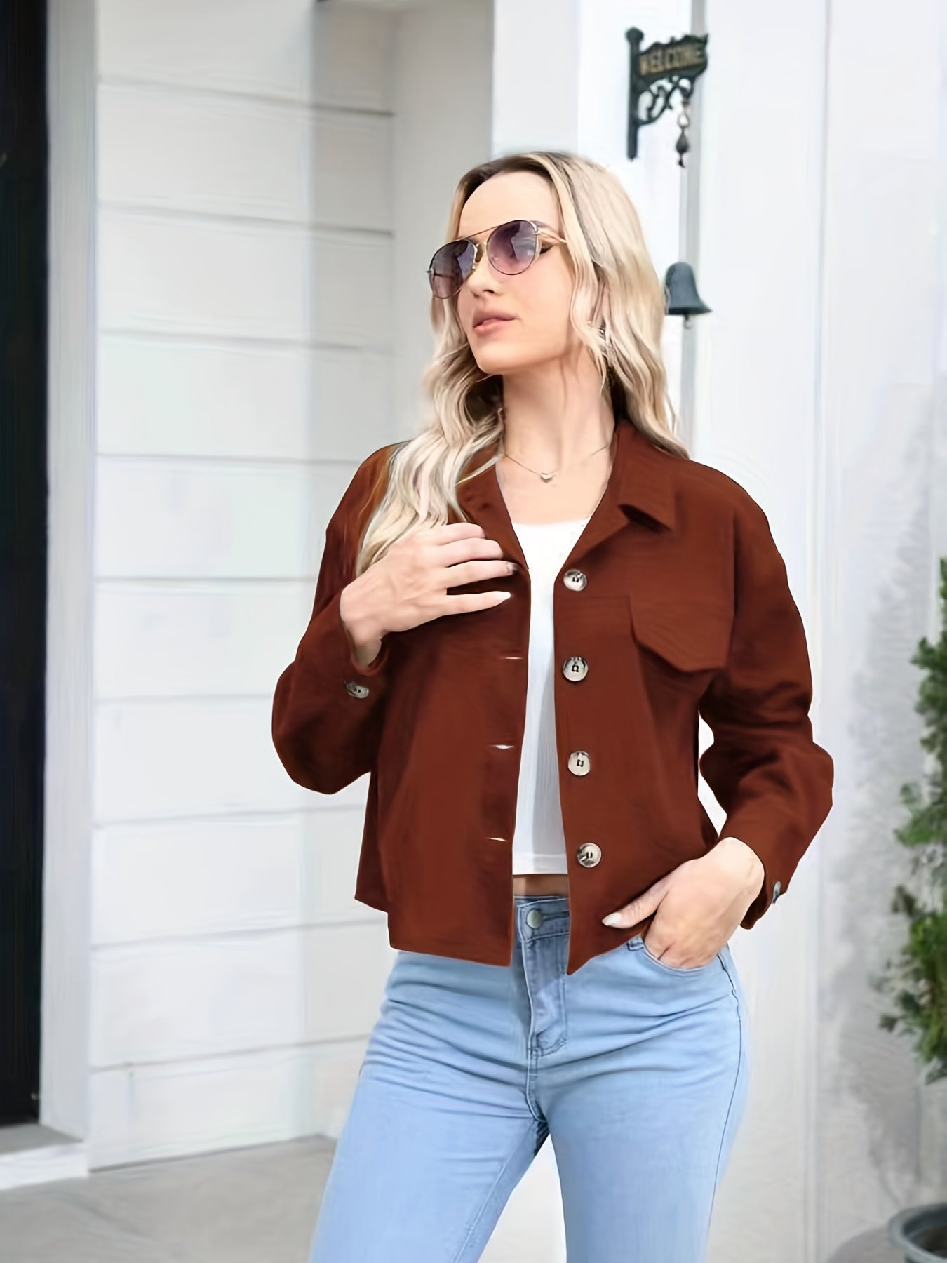 Casual Button Up Jacket with Pockets for Women