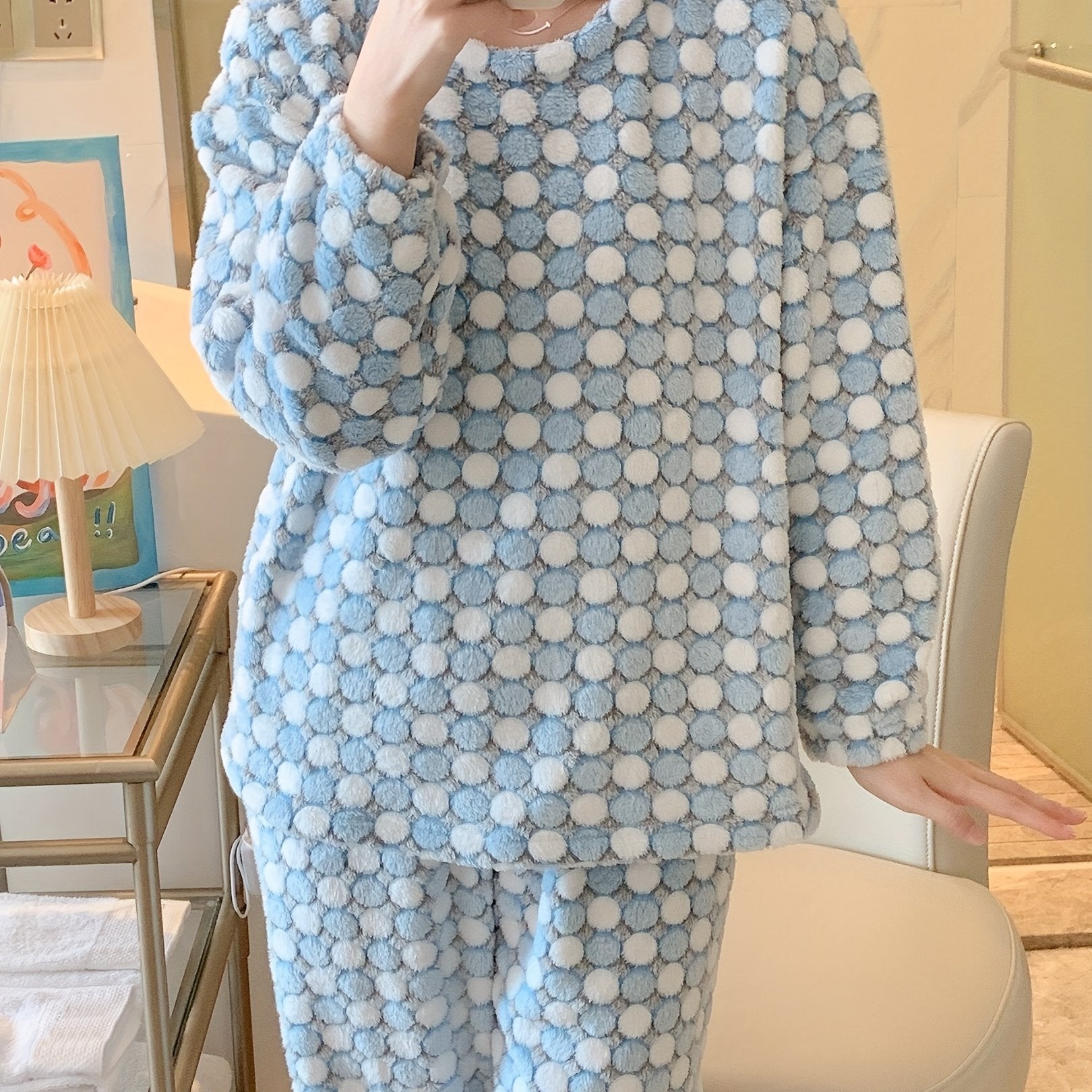 Polka Dot Fuzzy Pajama Set Women's Sleepwear