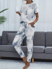 Tie Dye Lounge Set Crew Neck Top & Lace Up Pants