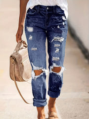Women's Ripped Straight Jeans Non-Stretch Denim Pants