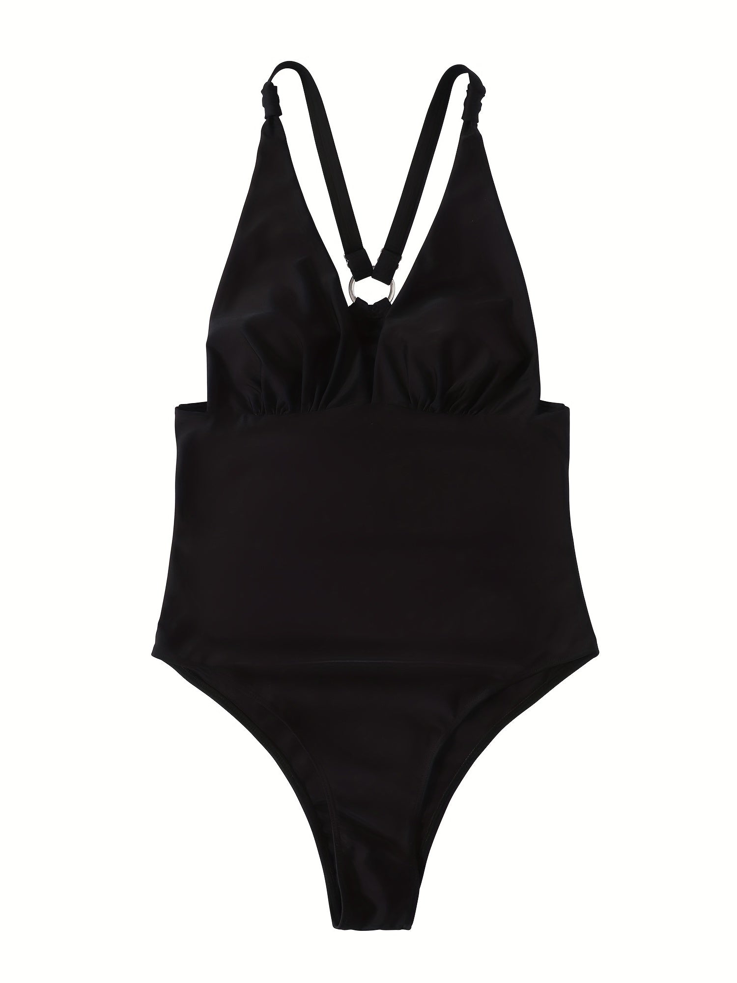 V Neck Knot Criss Cross One Piece Swimsuit Solid High Cut Ring Link Bathing Suit