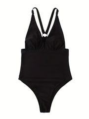 V Neck Knot Criss Cross One Piece Swimsuit Solid High Cut Ring Link Bathing Suit