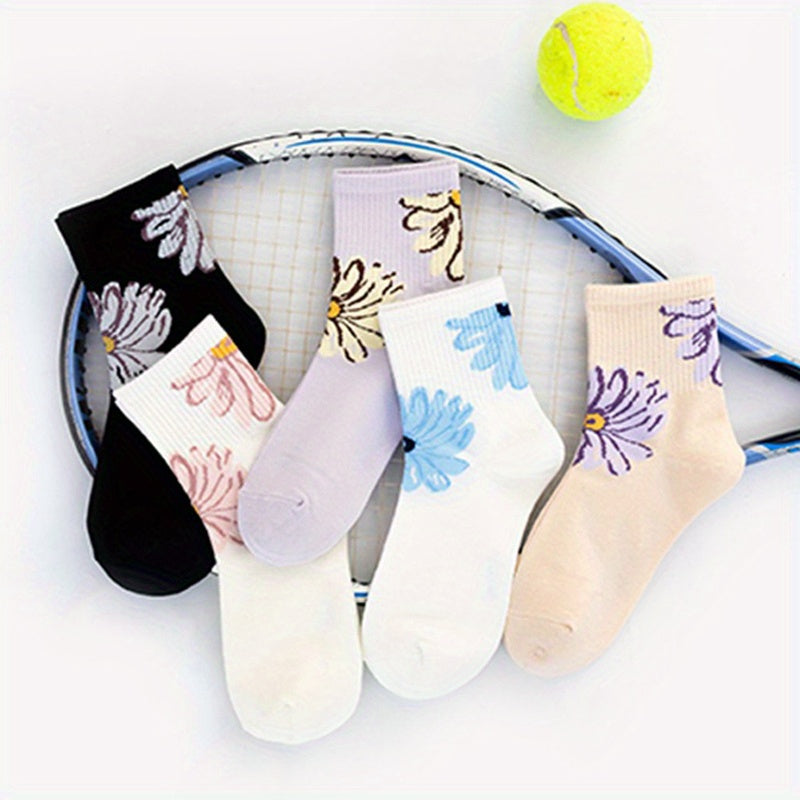 5 Floral Print Socks Comfy & Breathable Mid Tube Women's Stockings