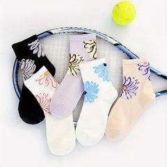 5 Floral Print Socks Comfy & Breathable Mid Tube Women's Stockings